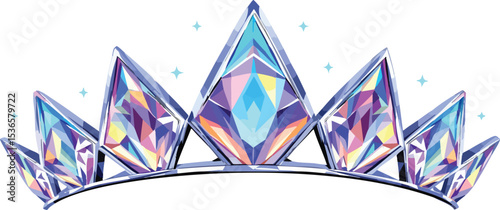 Sparkling crystal tiara vector illustration with geometric faceted gems and starry accents.