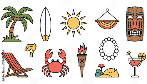 Vibrant vector set of summer beach icons, perfect for a fun and sunny holiday illustration collection