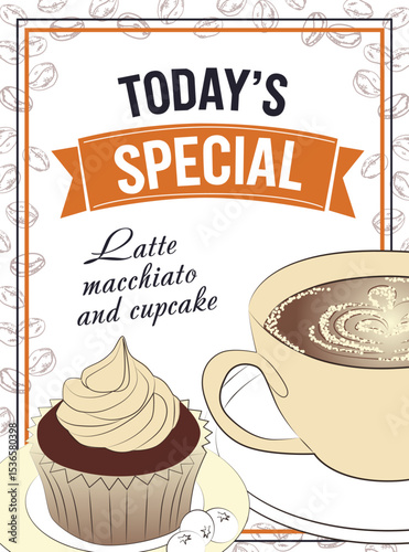 Vector illustration showcasing today s special offer featuring a delicious latte macchiato paired with a fresh cupcake. Perfect for coffee shop menus and promotional materials.