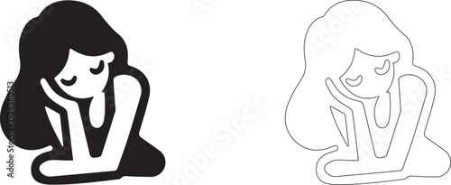 Sad girl leaning on her hand. Vector icon.