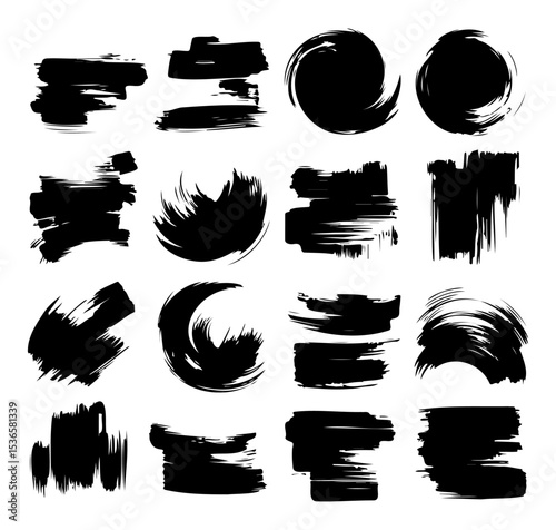 Collection of black brush strokes with various shapes isolated on white background
