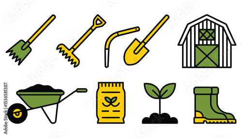 A vector illustration set of diverse gardening tools and construction work instruments