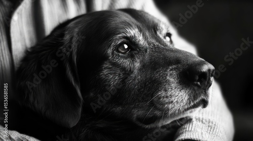 Close-up black and white photo of a dog resting in a person's arms