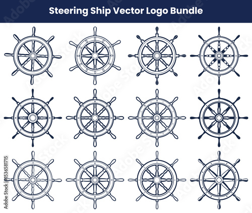 Nautical Steering Wheels Ship, Yacht, and Boat Blue Lineart Icons