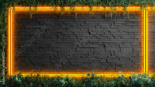 Black brick wall framed by glowing orange neon lights with green ivy at the top and bottom