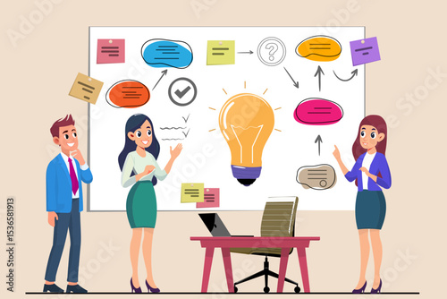 Business seminar concept. Vector cartoon illustration of close-up of group of different people standing near board with sticky notes and discussing idea. Isolated on background.