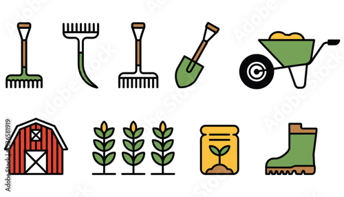 Vector set of gardening tools icons with wine bottle and glass