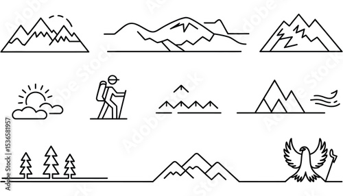 Mountain landscape vector illustration icon set for travel and camping design