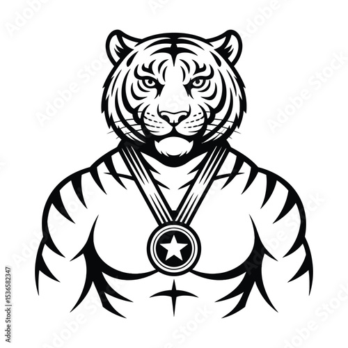 Powerful stylized tiger bodybuilder wearing medal in monochrome illustration for fitness and sport concepts

