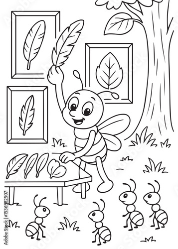 Coloring book bee presenting its feather and leaf collection to admiring ants