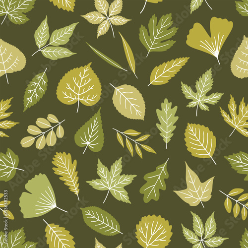 Seamless pattern with leaves on dark background - spring or summer leaf of maple, linden, poplar, ginkgo, and others. Print for textile, package, wrapping paper. Green colors. Vector illustration