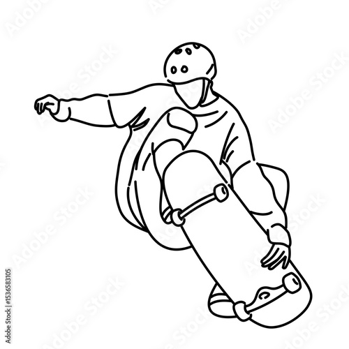 Coloring Line Art of Person Doing Skateboard Trick – Outdoor Sport Illustration for Book and Sticker Design