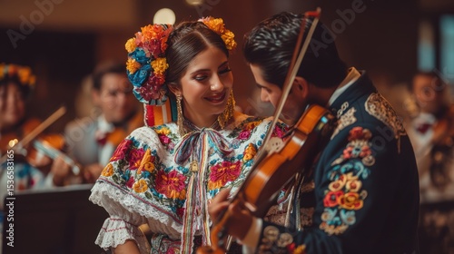A groom in a traditional charro suit and the bride in a colorful embroidered dress, celebrating their wedding with mariachi musicians