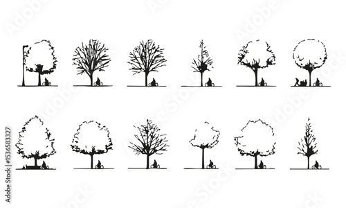 Silhouette Trees and Cyclist Scene Set. Urban Planning and Recreational Design Collection. Isolated Vector Illustration