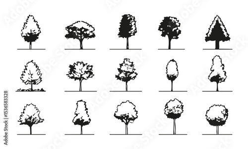 Black and White Tree Silhouette Set. Landscape Architecture and Environmental Design Resource Collection. Minimalist and Artistic Expression. Isolated Vector Illustration