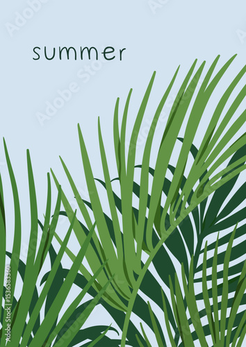Tropical poster, palm leaf card design. Fresh exotic greenery, jungle green t...