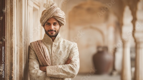 A groom in a traditional cream sherwani with a matching turban and stole, standing confidently in a heritage courtyard