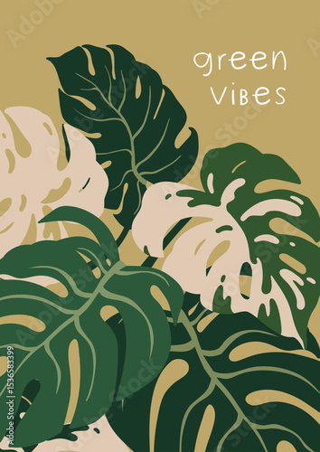 Monstera leaf card. Tropical leaves, poster design. Green foliage, leafy greenery background with large exotic variegated plant, fresh mottled leafage in modern style. Flat vector illustration