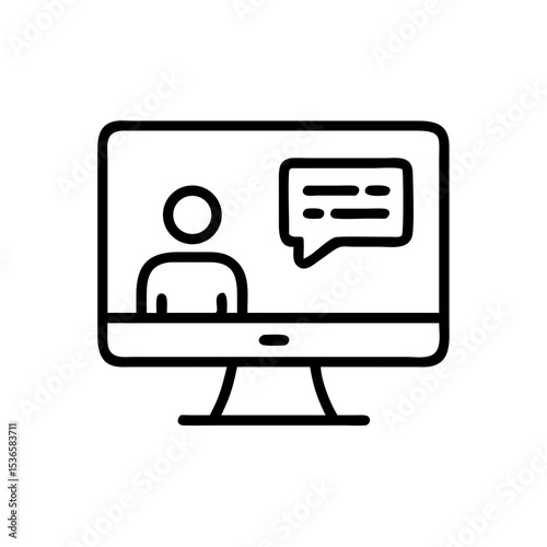 Line art of a person on a computer screen with chat bubble  