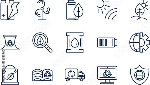 Sustainable Energy & Eco-Friendly Solutions Icons Set for Green Initiatives, Renewable Resources, and Environmental Conservation