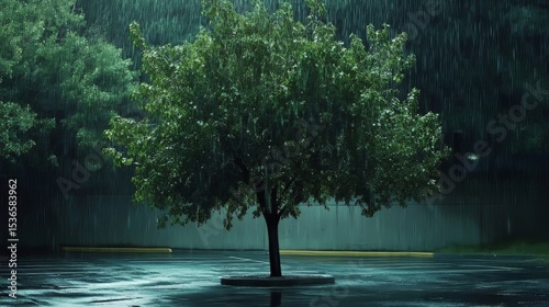 Rain pouring down over a tree in a parking lot
