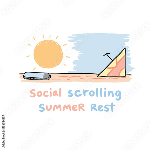 Summer beach scene with sun, lounge chair, and social media theme  