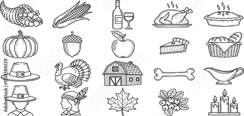 Thanksgiving celebration holiday icon set, adjustable line weight icons, turkey, festivities, pilgrim, autumn, american, corn, symbol, stroke, outline, vector, design, graphic