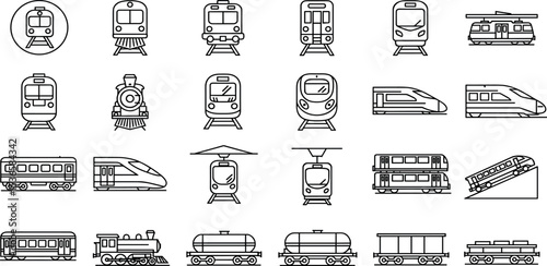Rail and railroad transportation icon set with adjustable line weight