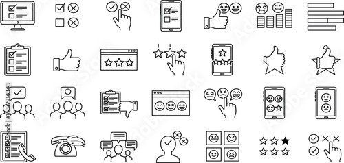 Survey Vector Icon Set – Online Survey, Mobile Review, Mood Tracking, Star Rating, Questionnaire, PositiveNegative Evaluation, Web Survey, Phone Survey, Mail Survey