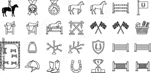 Equestrian Sport Vector Icon Set Adjustable Line Weight Horse, rider, saddle, trophy, boots, helmet, fence, stirrup, medal, stable, flag, jump, grooming icons.