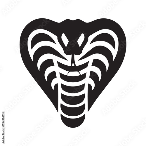 Black Snake Head Tribal Symbol with Fangs and Curved Horns Silhouette Vector