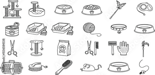 Cat Care Vector Icon Set Adjustable Line Weight Grooming, feeding bowl, pet accessories, litter box, cat toys, collar, scratching post, pet supplies, feline hygiene icons.
