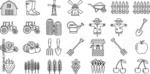 Farming Vector Icon Set Adjustable Line Weight Agriculture, barn, tractor, gardening, fruits, vegetables, harvest, farm tools, crops, orchard, rural lifestyle, cultivation, organic produce icons.