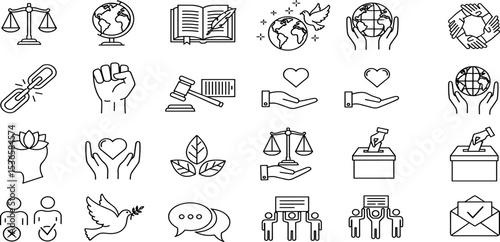 Ethics And Justice Vector Icon Set Adjustable Line Weight Equality, human rights, law, peace, freedom, democracy, voting, sustainability, diversity, solidarity, empowerment, activism icons