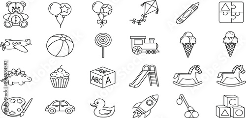 Toys Vector Icon Set Adjustable Line Weight Teddy bear, balloons, puzzle, airplane, dinosaur, rocking horse, blocks, rocket, cupcake, lollipop, kids, childhood, playtime icons