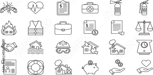 Insurance Vector Icon Set Adjustable Line Weight Health, life, accident, safety, claim, home, risk, property, savings, fire, balance, contract, coverage, help icons
