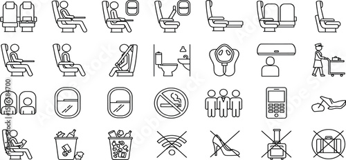 Airplane Travel Vector Icon Set Adjustable Line Weight Seats, lavatory, overhead bin, emergency exit, oxygen mask, no smoking, no mobile icons