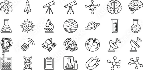 Science Vector Icon Set – Atom, Rocket, Telescope, Molecules, Brain, Microscope, DNA, Planet, Satellite, Bacteria, Virus, Calculator, Flask, Beaker, Globe, Radar, Test Results