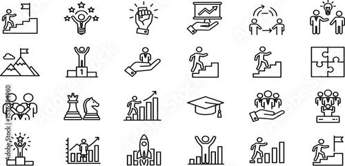 Personal Growth Vector Icon Set Adjustable Line Weight Goal, success, mindset, progress, motivation, learning, support, achievement, potential, development, education, leadership, vision icons.
