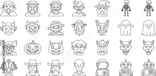 Halloween Characters Vector Icon Set Adjustable Line Weight Vampire, zombie, mummy, witch, ghost, skeleton, monster, clown, pumpkin, alien, werewolf, scarecrow icons