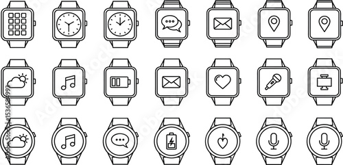 Smart Watch Vector Icon Set Adjustable Line Weight Time, apps, notifications, GPS, weather, heart rate, chat, mail, music, health, fitness, smartwatch icons