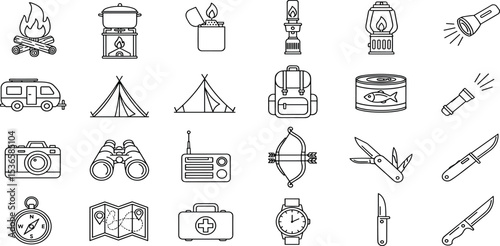 Camping Vector Icon Set Adjustable Line Weight Campfire, lantern, flashlight, tent, backpack, canned food, map, compass, knife, watch, outdoor gear icons