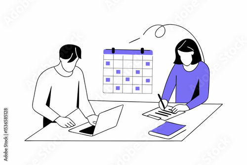 People Characters Filling Planning Schedule. Man and Woman Left Notes, Manage and Organize their Work and Time. Business Plan and Time Management Concept. Flat Isometric Vector Illustration.