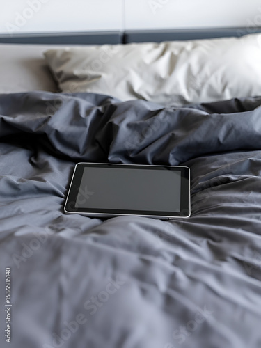 Tablet Mockup on Bed, Modern bedroom tablet on reflective bedspread geometric patterns photorealistic.