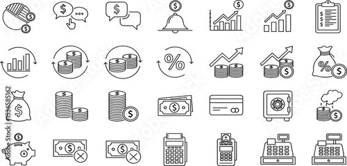 Economy Vector Icon Set Adjustable Line Weight Budget, profit, savings, investment, currency, banking, growth, finance, exchange, payment, chart, economy icons.