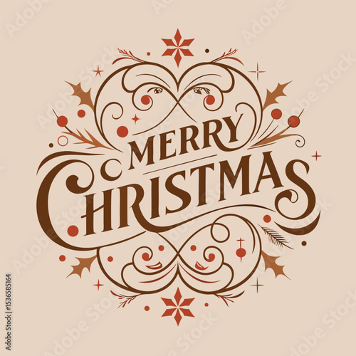 Elegant merry christmas calligraphy design with festive holly and star decorations on beige background