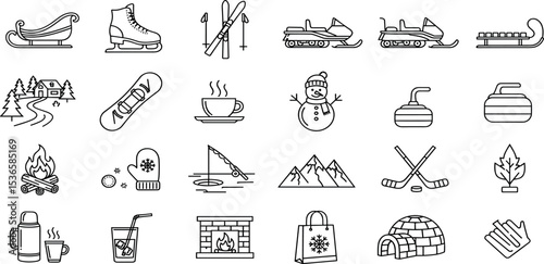 Winter Activities Vector Icon Set Adjustable Line Weight Skiing, snowboarding, sledding, hot drink, snowman, campfire, curling, snowball, hiking, igloo, fireplace icons.