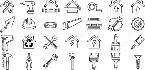 Home Maintenance Vector Icon Set Adjustable Line Weight Tools, wrench, hammer, screwdriver, drill, construction, repair, toolbox, painting, saw, pliers, home improvement icons.