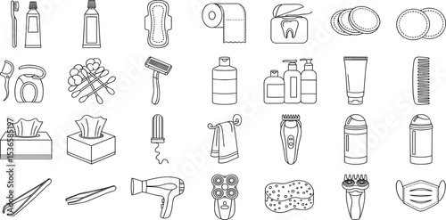 Hygiene Products Vector Icon Set Adjustable Line Weight Toothbrush, toothpaste, razor, deodorant, floss, tampon, comb, sponge, tissues, clippers, cleanliness, self-care, shaving icons
