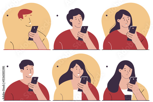 6 set wan and woman people with a smartphones icon